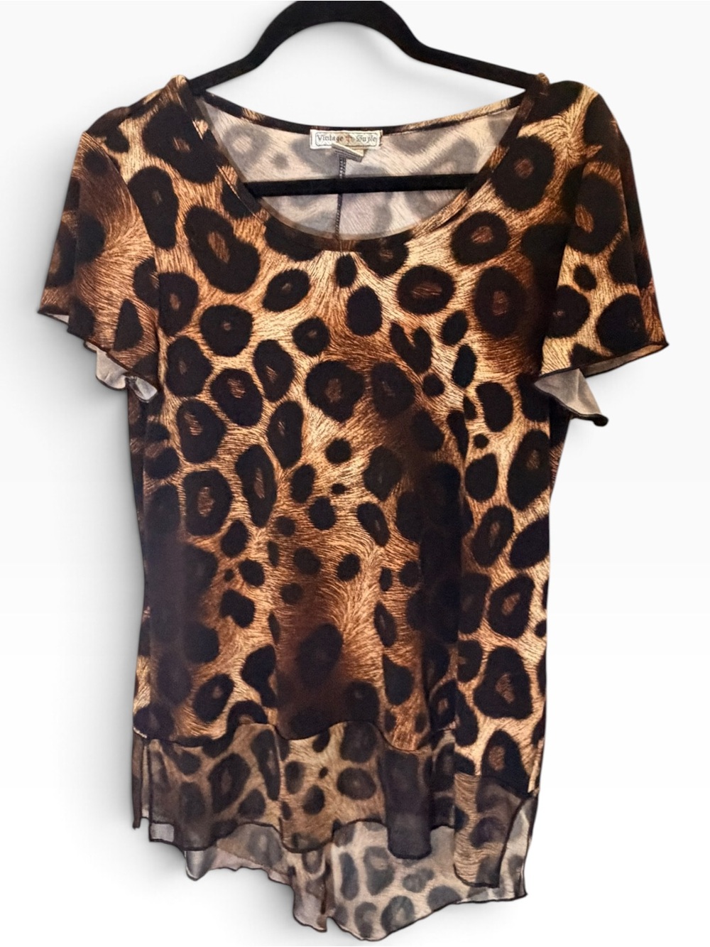 Size M) Vintage Suzie Brown Leopard Print Chiffon High-Low Tunic Top 